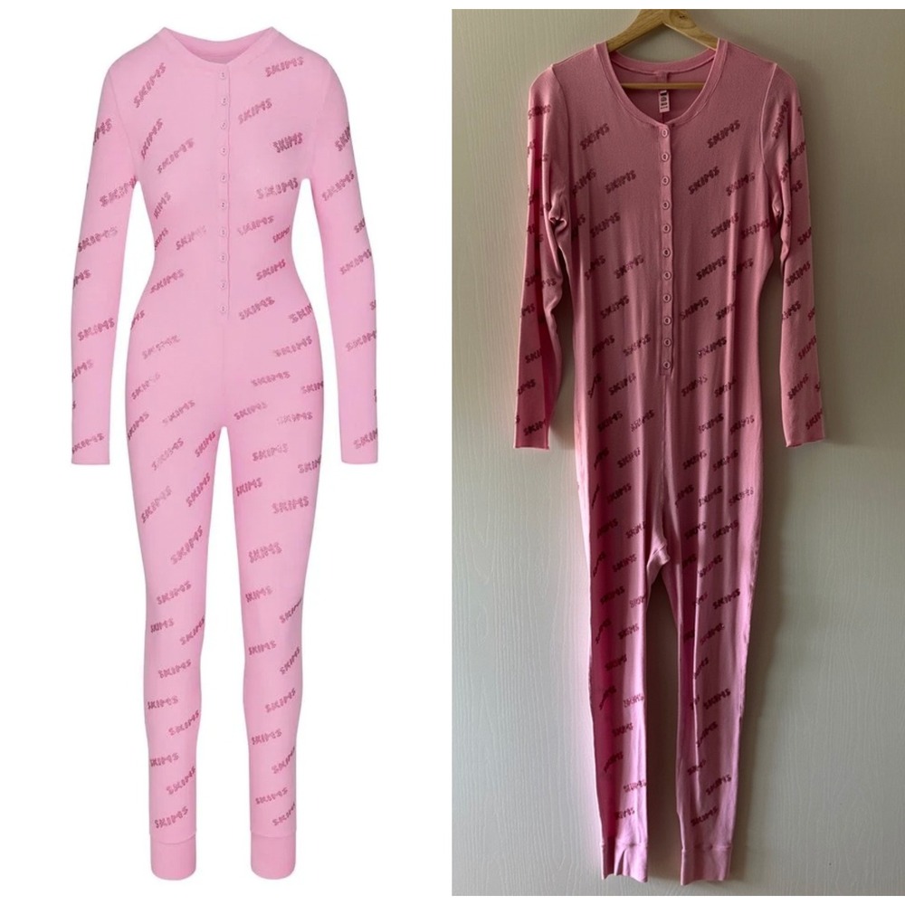 SKIMS Rhinestone Logo Pointelle Henley Onesie Bubble Gum Pink 2X NWOT